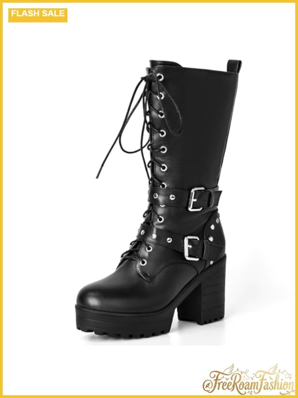 PU Leather Mid-Calf Combat Boots with Chunky Platform and Side Zip Closure